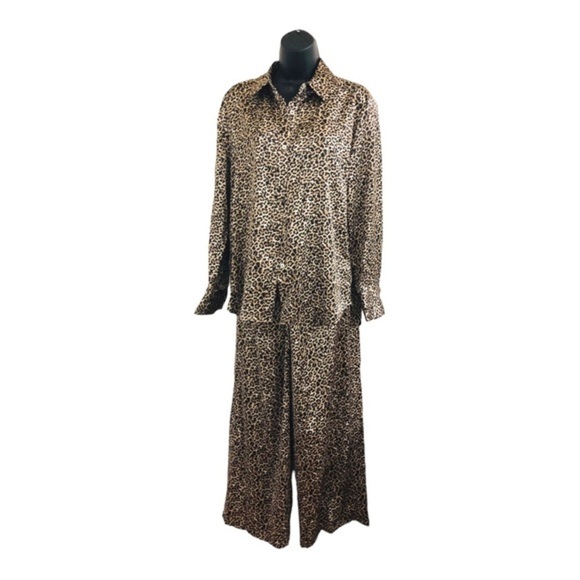 Nicole Miller NY animal print silky pajama look button down shirt & pantsuit set - Picture 7 of 16